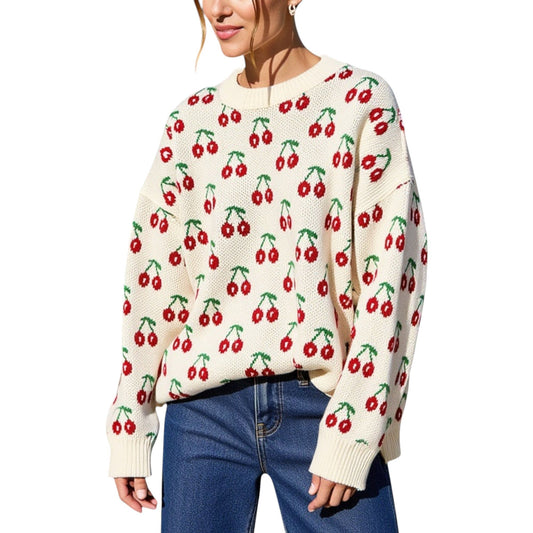 Long Sleeve Pullover Knit Sweater with Cherry Pattern