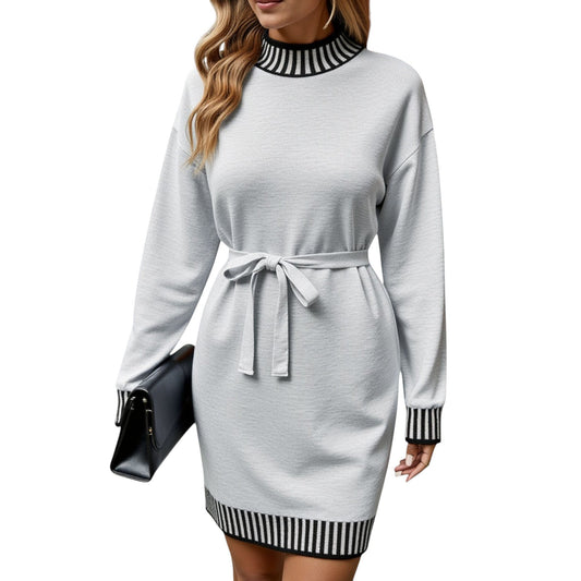 Long Sleeve Sweater Dress with Striped Trim and Waist Tie