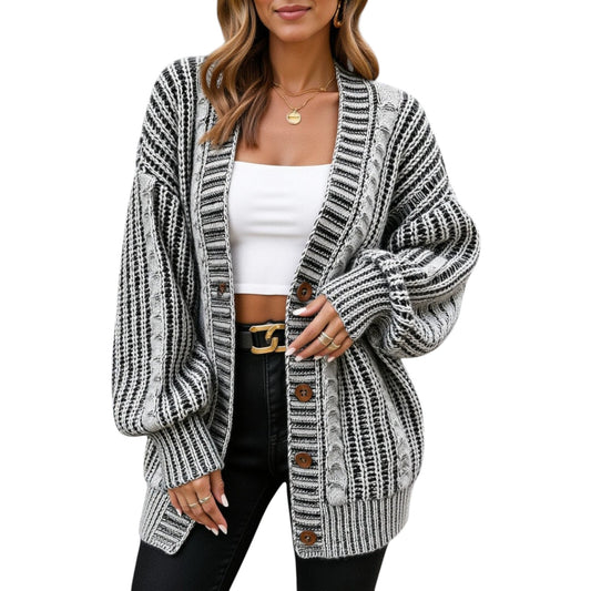 Striped Knit Cardigan with Button Front and Drop Shoulder Design
