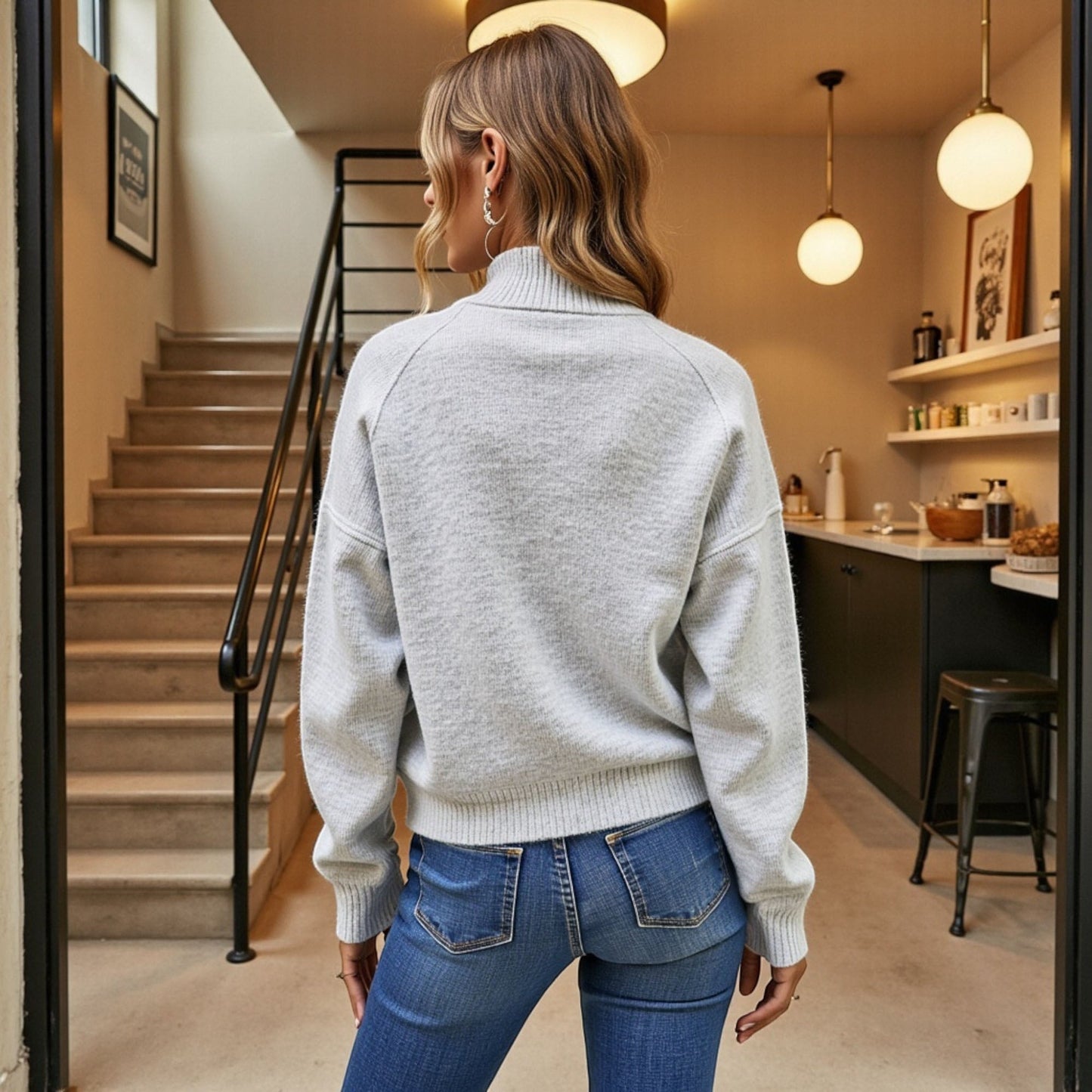 Knit Pullover Sweater with Button Collar and Long Sleeves