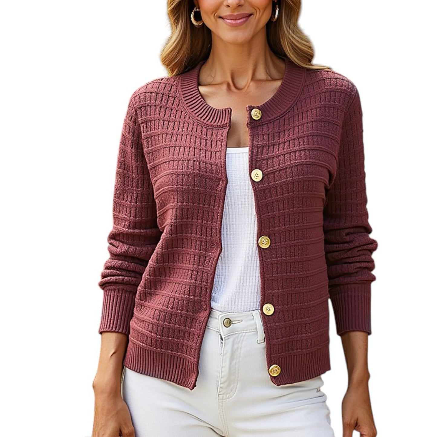 Textured Knit Button-Front Cardigan with Long Sleeves and Ribbed Trim