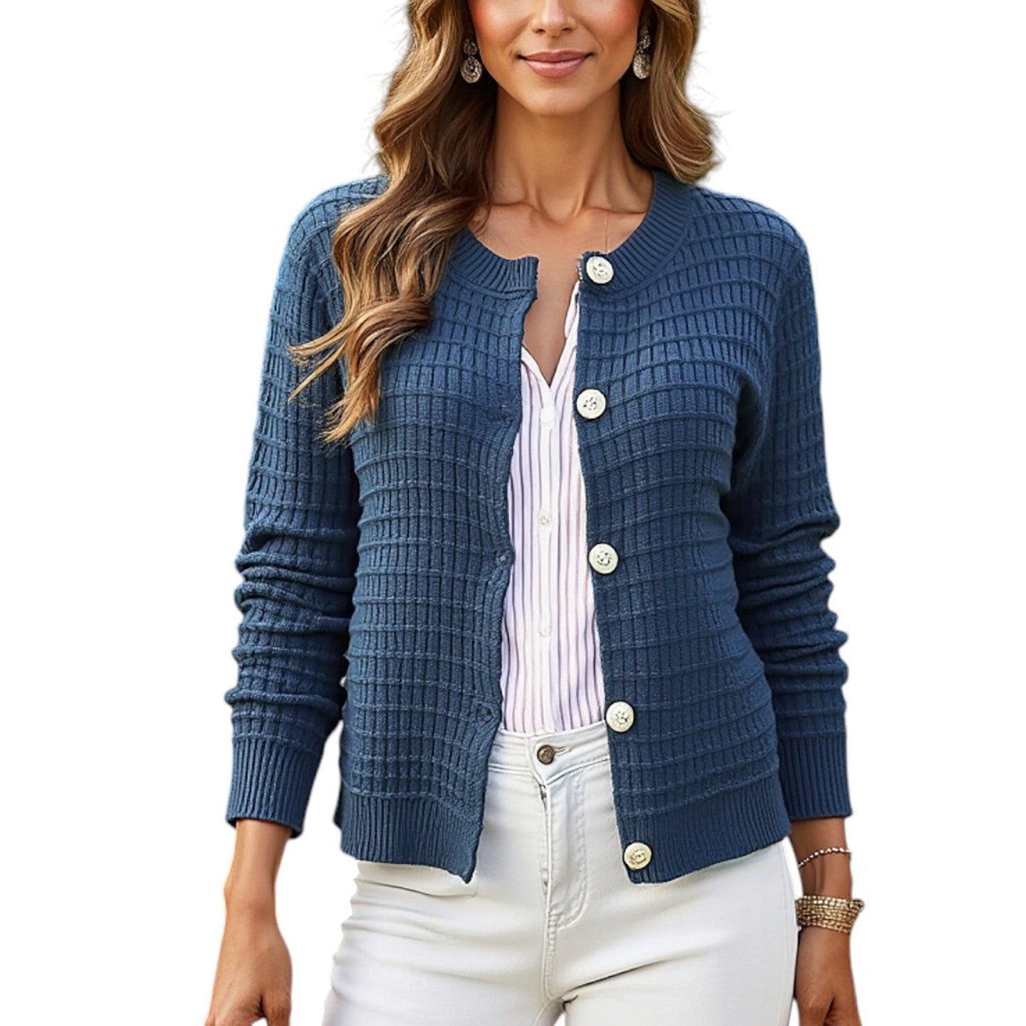 Textured Knit Button-Front Cardigan with Long Sleeves and Ribbed Trim