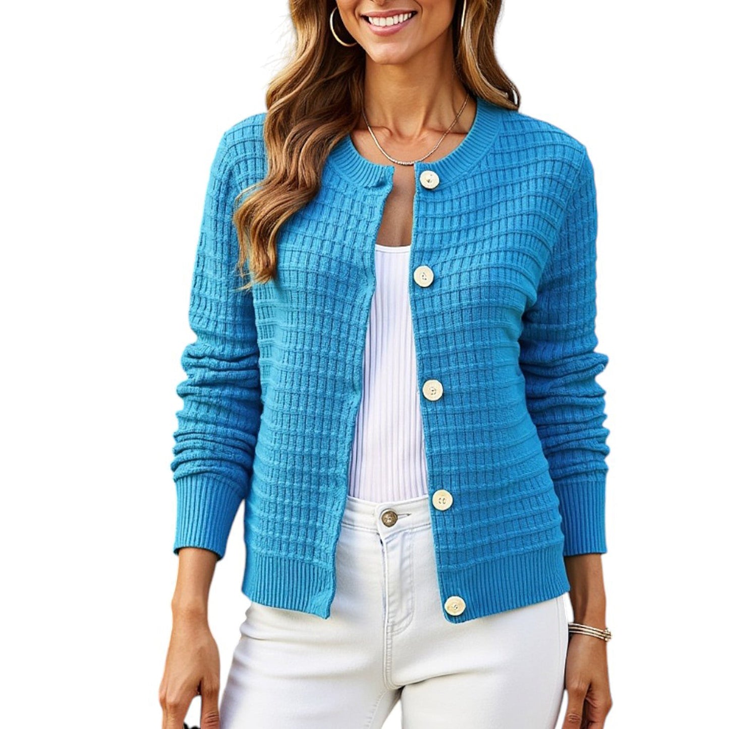 Textured Knit Button-Front Cardigan with Long Sleeves and Ribbed Trim