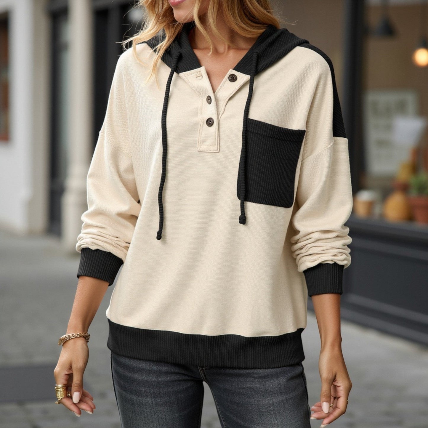 Button Front Hooded Pullover with Front Pocket and Ribbed Trim