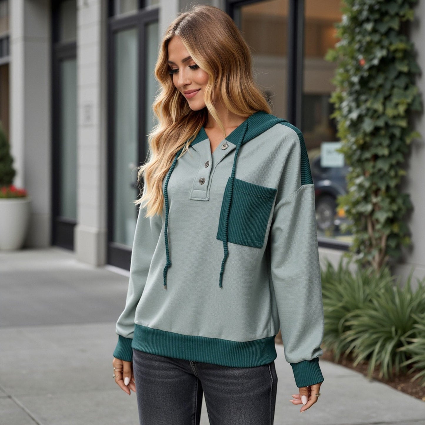 Button Front Hooded Pullover with Front Pocket and Ribbed Trim