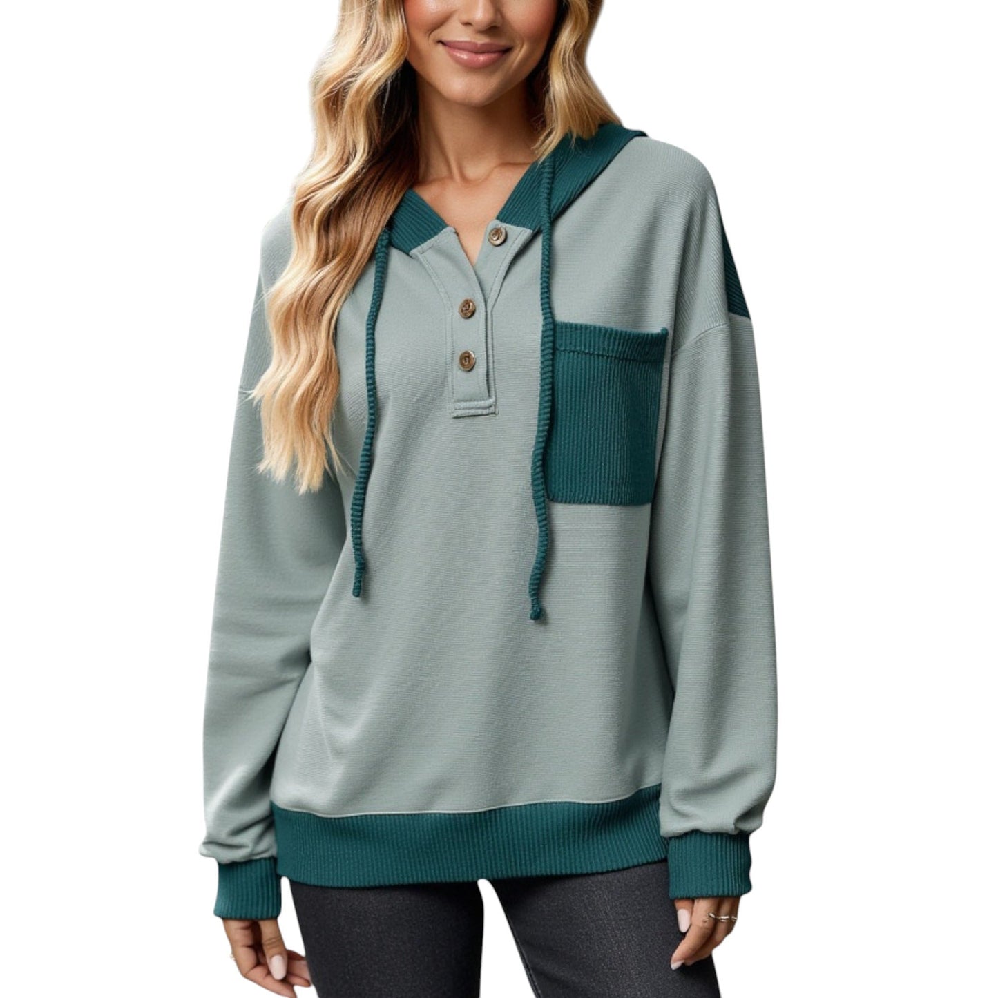 Button Front Hooded Pullover with Front Pocket and Ribbed Trim
