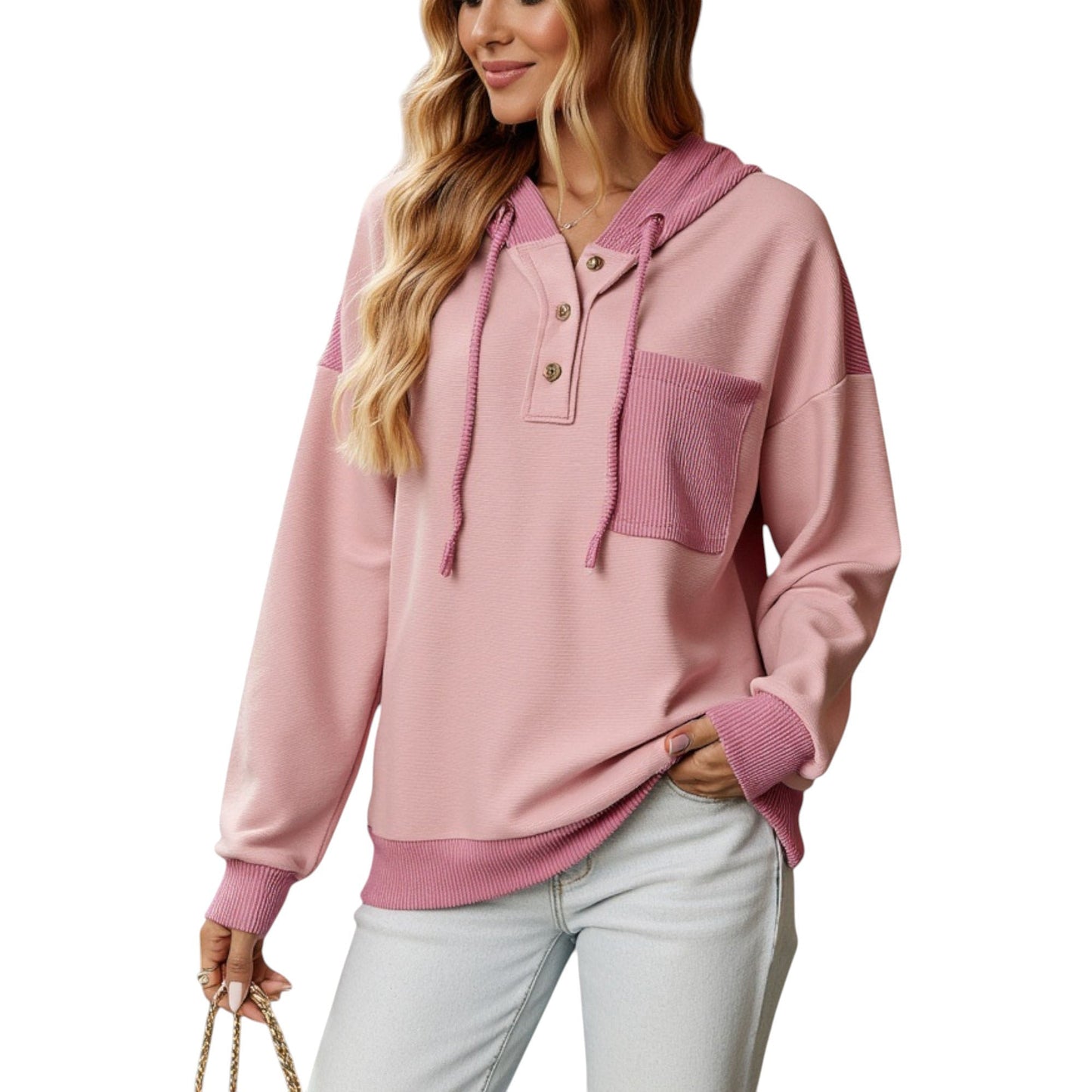 Button Front Hooded Pullover with Front Pocket and Ribbed Trim