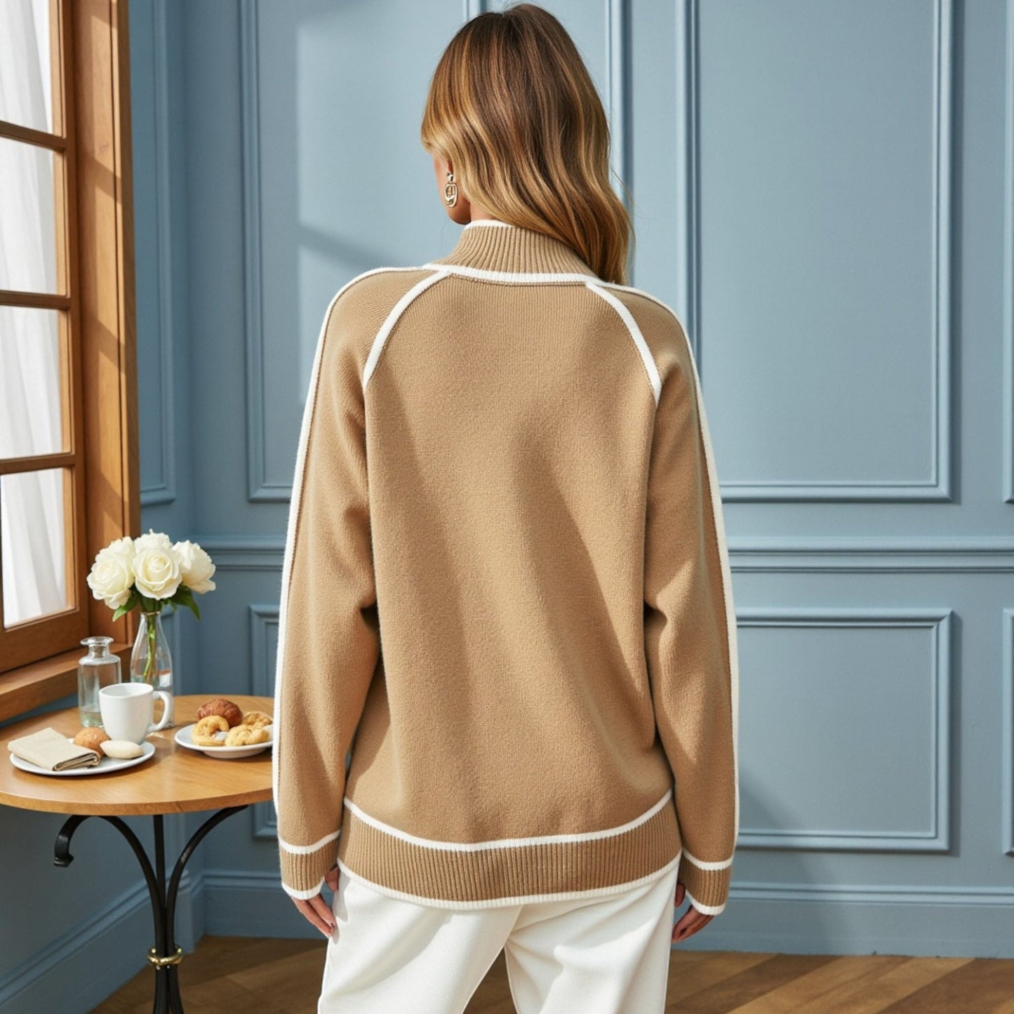 Long Sleeve Knit Sweater with Contrast Trim and Mock Neck