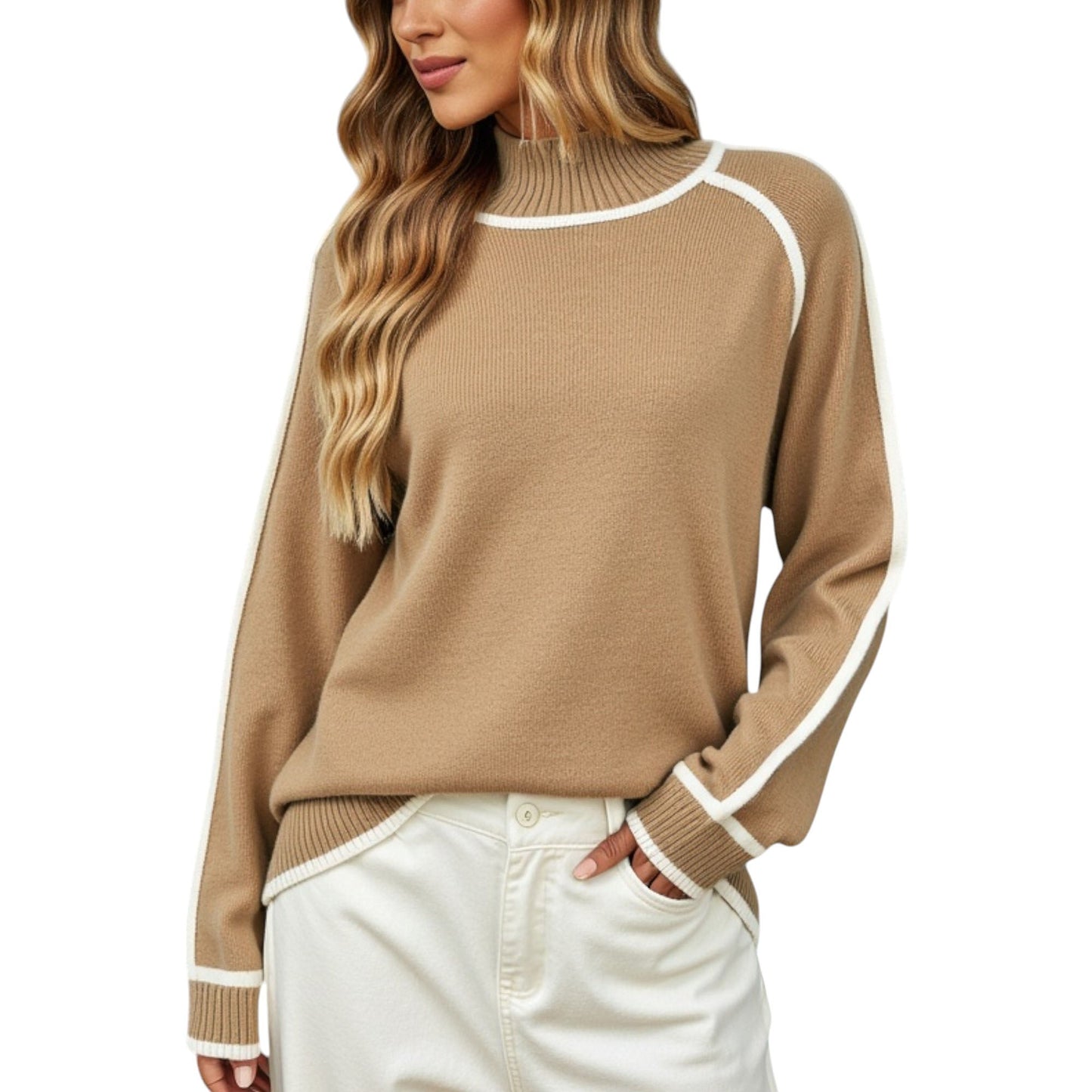 Long Sleeve Knit Sweater with Contrast Trim and Mock Neck