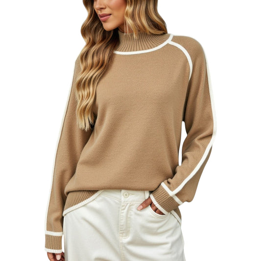 Long Sleeve Knit Sweater with Contrast Trim and Mock Neck
