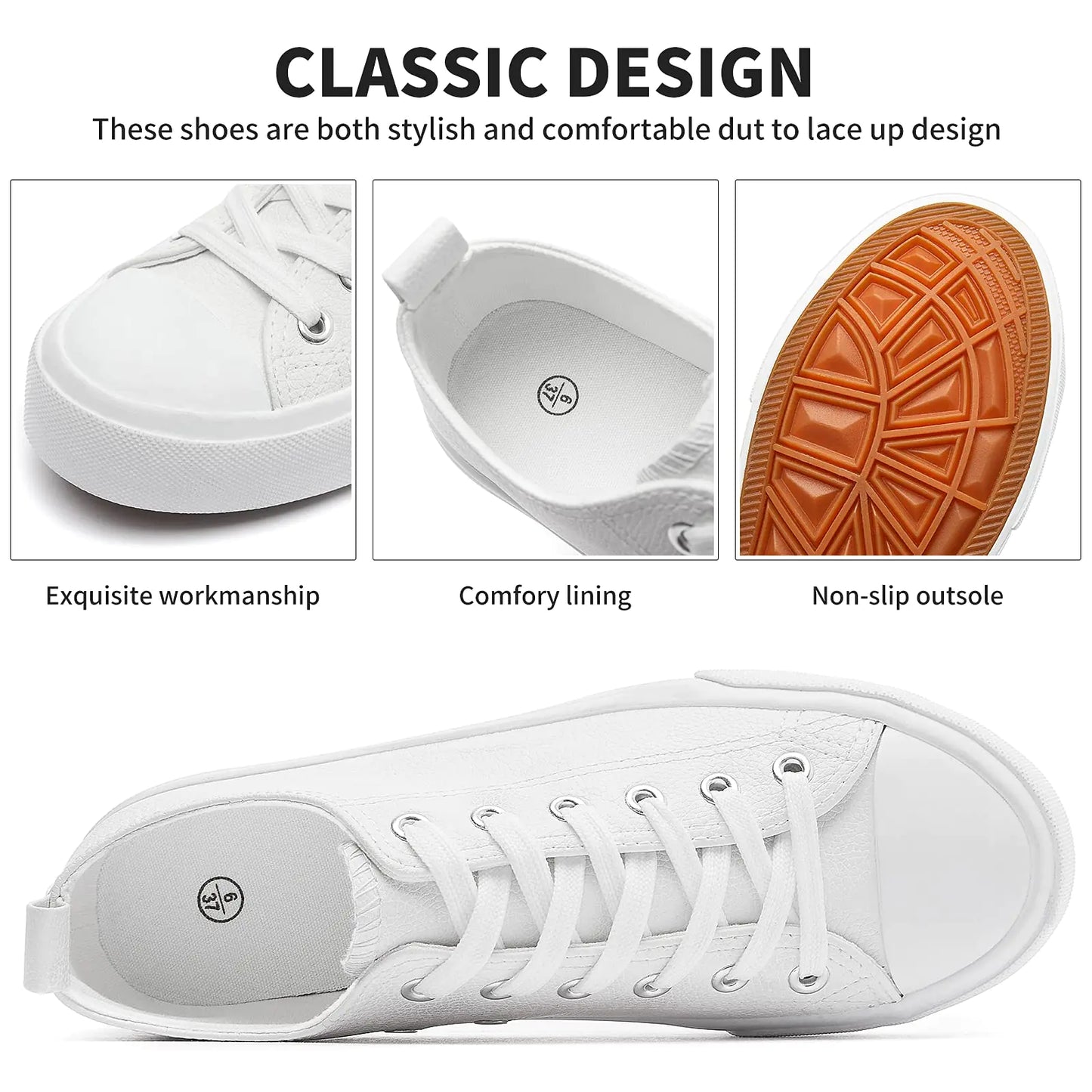 FRACORA Women's PU Leather Tennis Shoes Low Top lace up Casual Shoes Comfortable Fashion Sneaker 8 White - # GIAA73710002