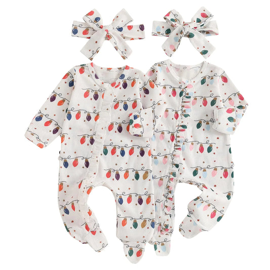 Baby Girl Footies Newborn Zipper Sleeper 2 Pack Ruffle Pajamas Romper Coming Home Outfit (Light&FestivalNewborn) - # BAAA81810010