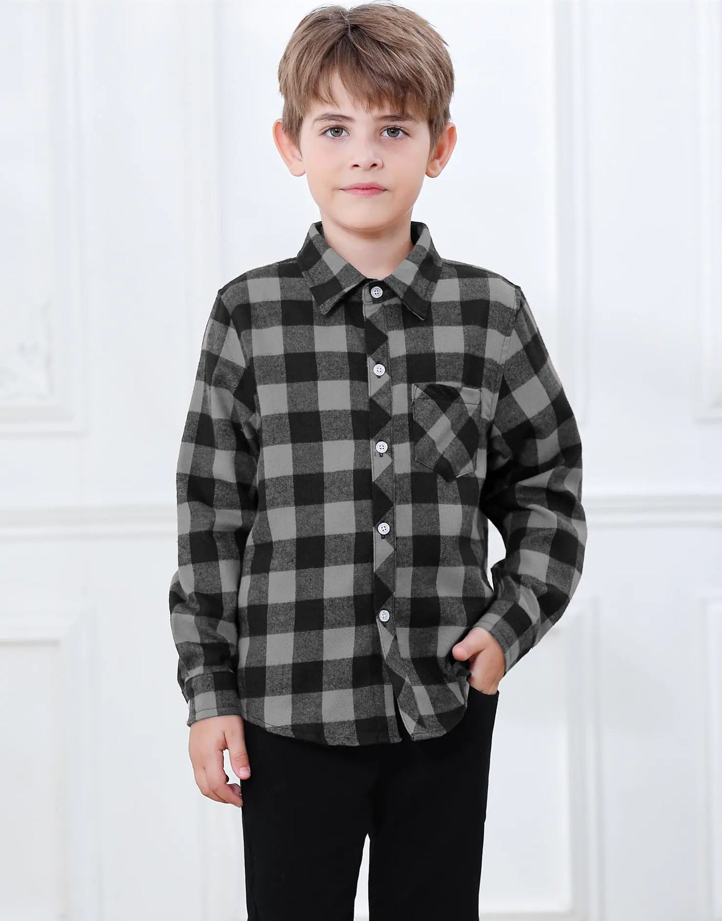 SANGTREE Mens & Boys Plaid Shirt Long Sleeve Button Down Flannel Shirts, US 3 Months - Adult 9XL Youth 14-15 Years Gray Plaid 2 - # BOAA13510001