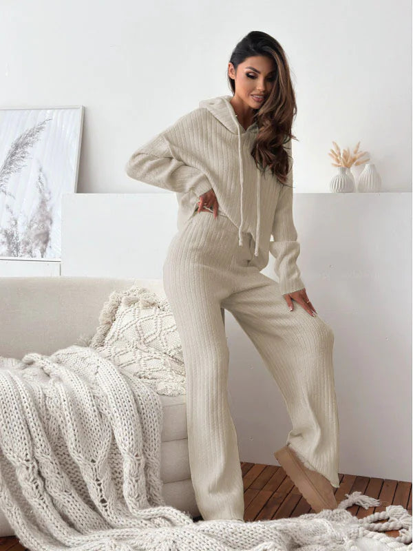 Solid Color Hooded Knitted Lounge Set for Women – Autumn Winter Two-Piece Outfit - # GIAA23910007