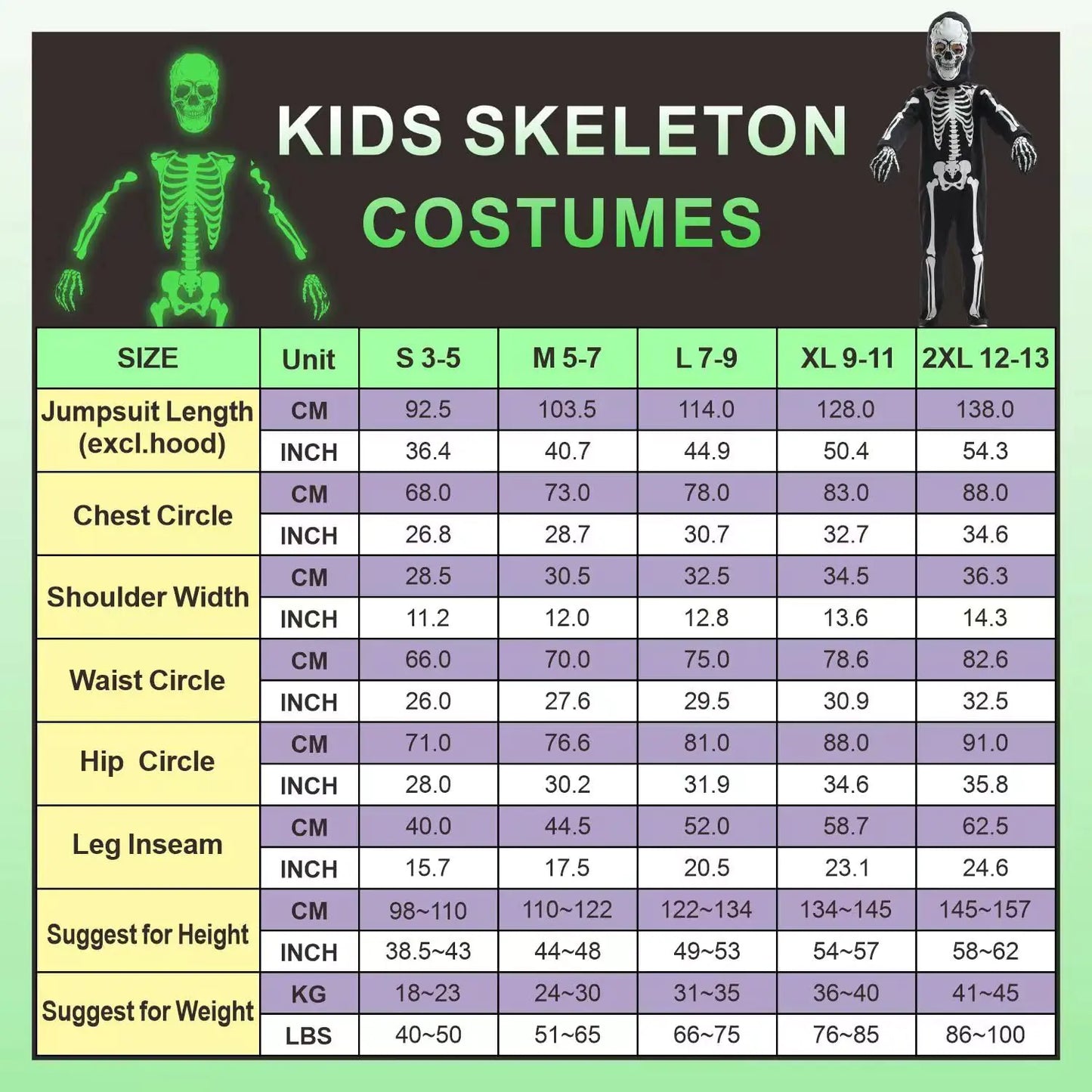 Sincere Party Kids Skeleton Costume Glow in the Dark Skeletons Halloween Skeleton Costumes for Boys and Girls 7-9years White Gid Skeleton -# BOAA111510002