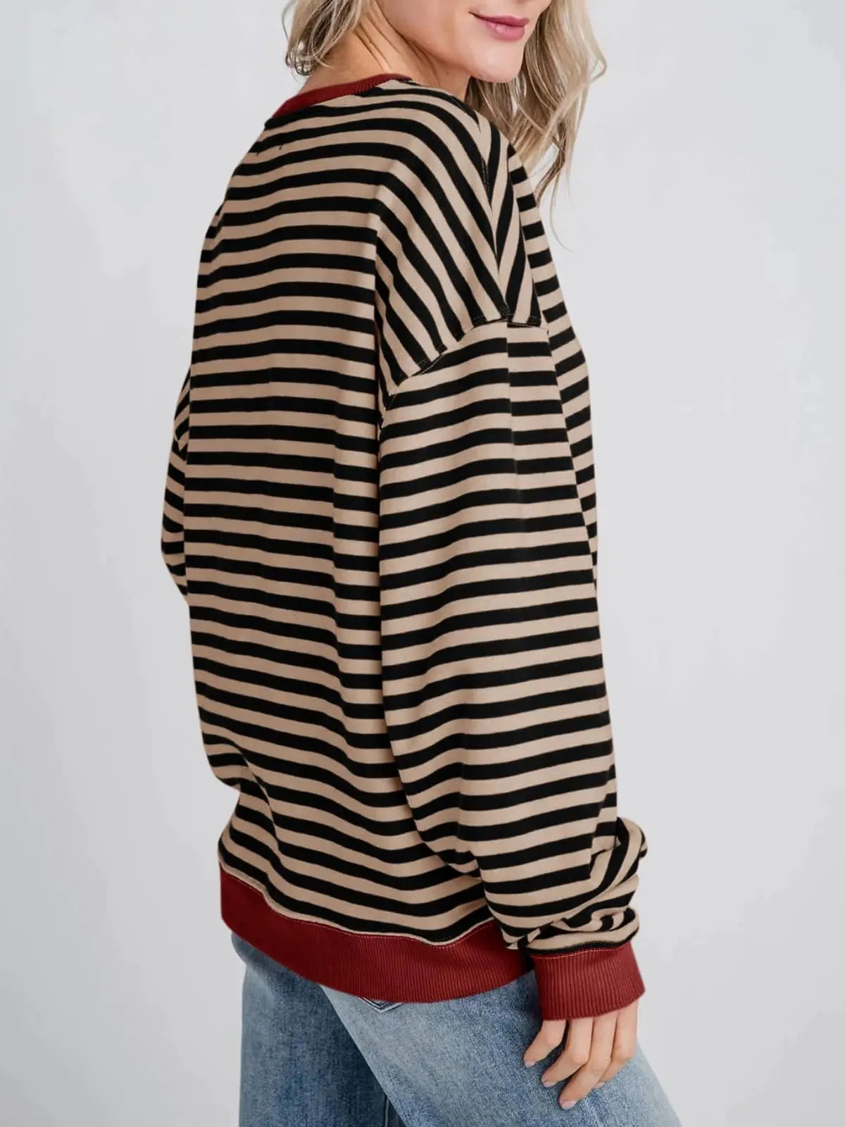 Fisoew Womens Striped Oversized Sweatshirt Color Block Crew Neck Long Sleeve Shirt Casual Loose Pullover Top Y2K Clothes Khaki XX-Large - # WOAA21510020-PRG