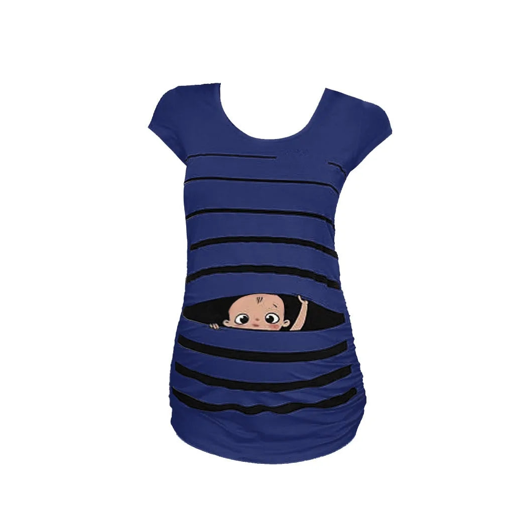 Sweet Cartoon Striped Maternity Summer T-shirt - # WOAA21510010-PRG