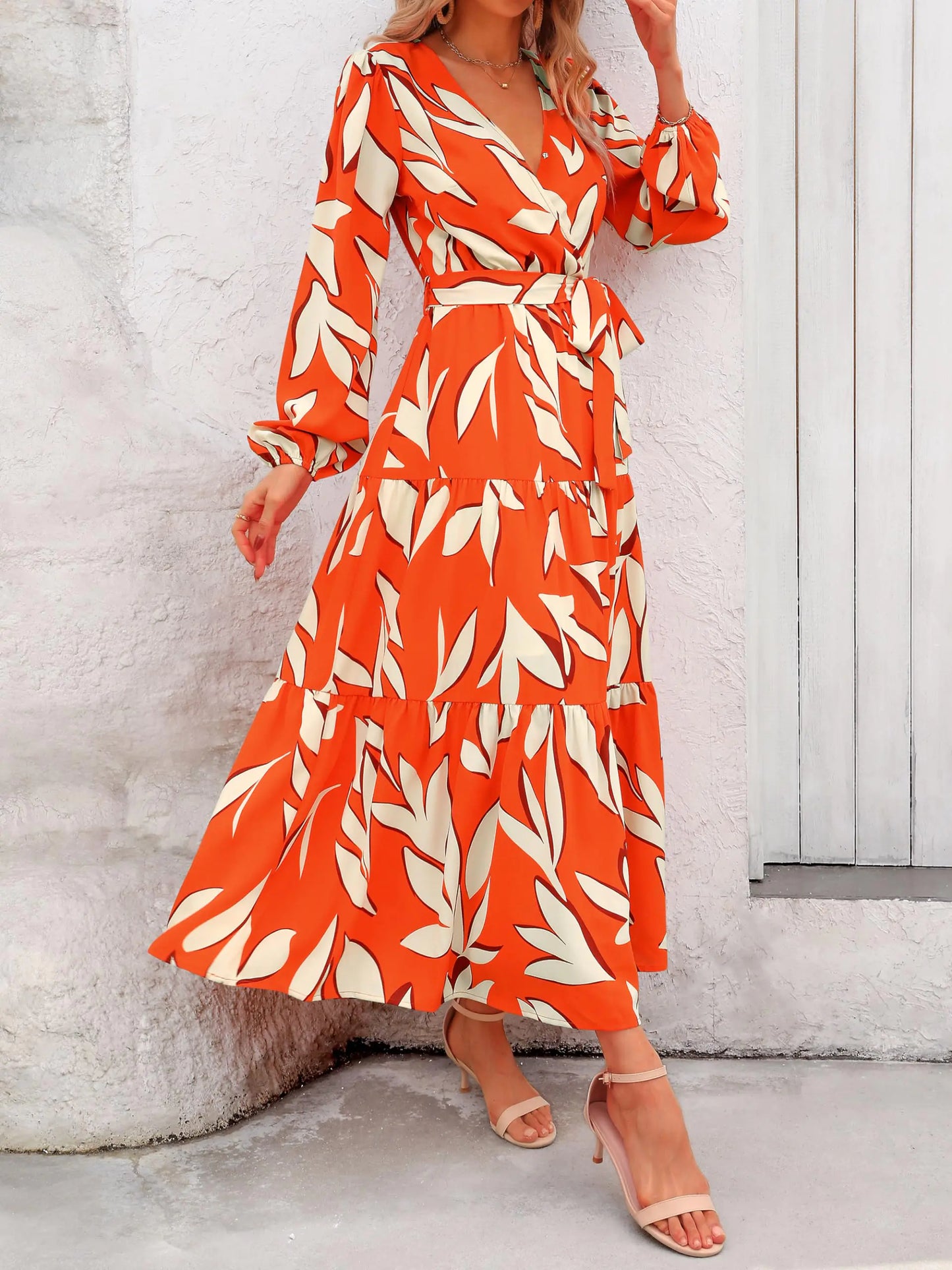 PRETTYGARDEN Womens Fall Long Sleeve Wrap V Neck Ruffle Floral Maxi Dress Casual Tie Waist Boho Chiffon Flowy Long Dresses XX-Large F-orange White - # GIAA231710002
