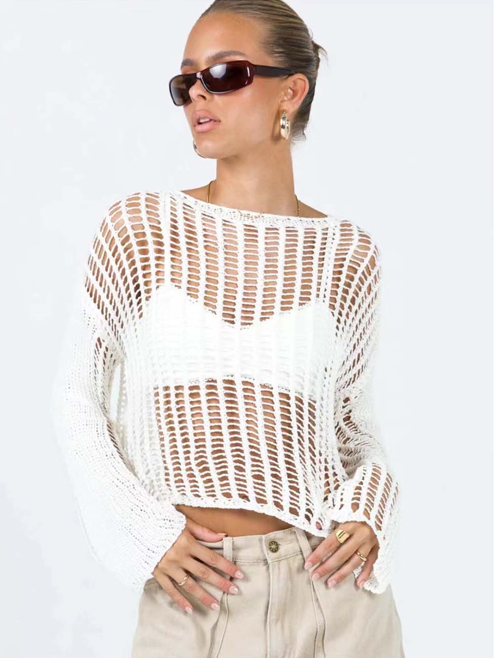 Long Sleeve Hollow Knit Mesh Top for Women - Summer | NCS