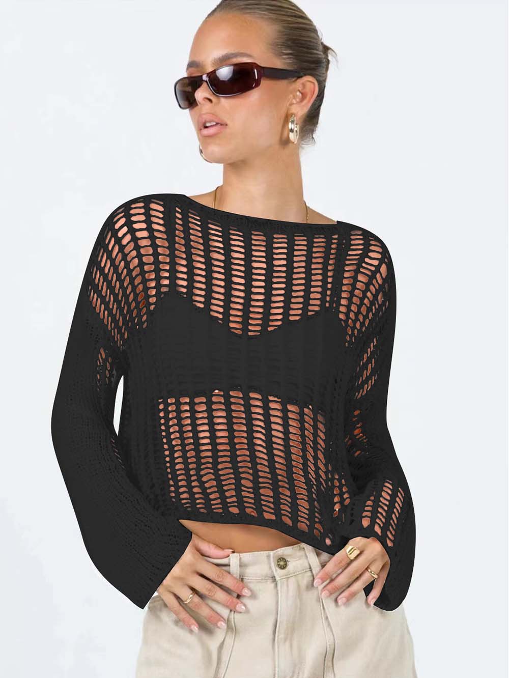 Long Sleeve Hollow Knit Mesh Top for Women - Summer | NCS