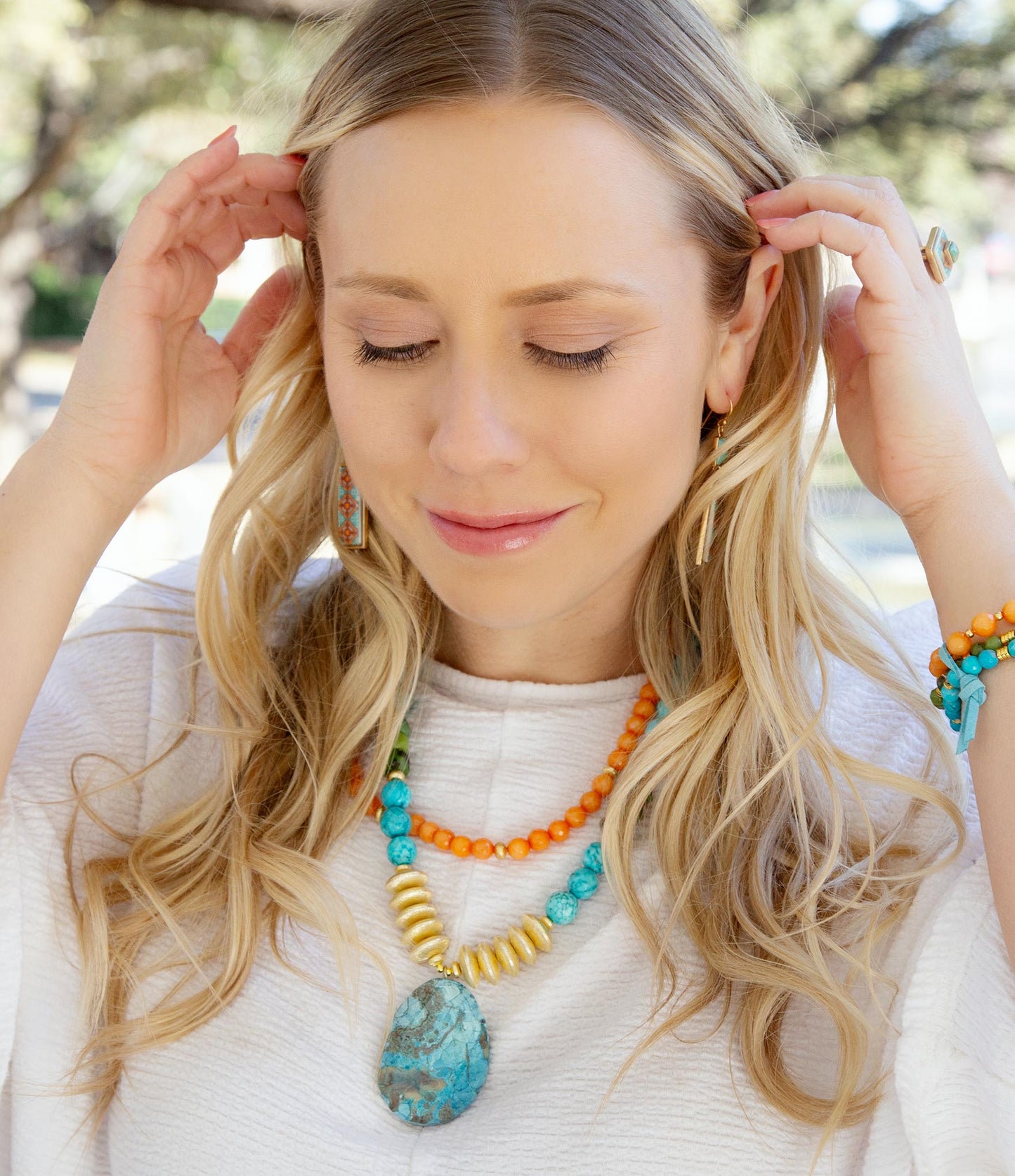 Mandy Orange and Blue Jasper Pendant Statement Necklace