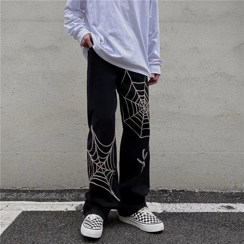 Boys and Men's Black Streetwear Spider Web Pants - # BOAA13410013