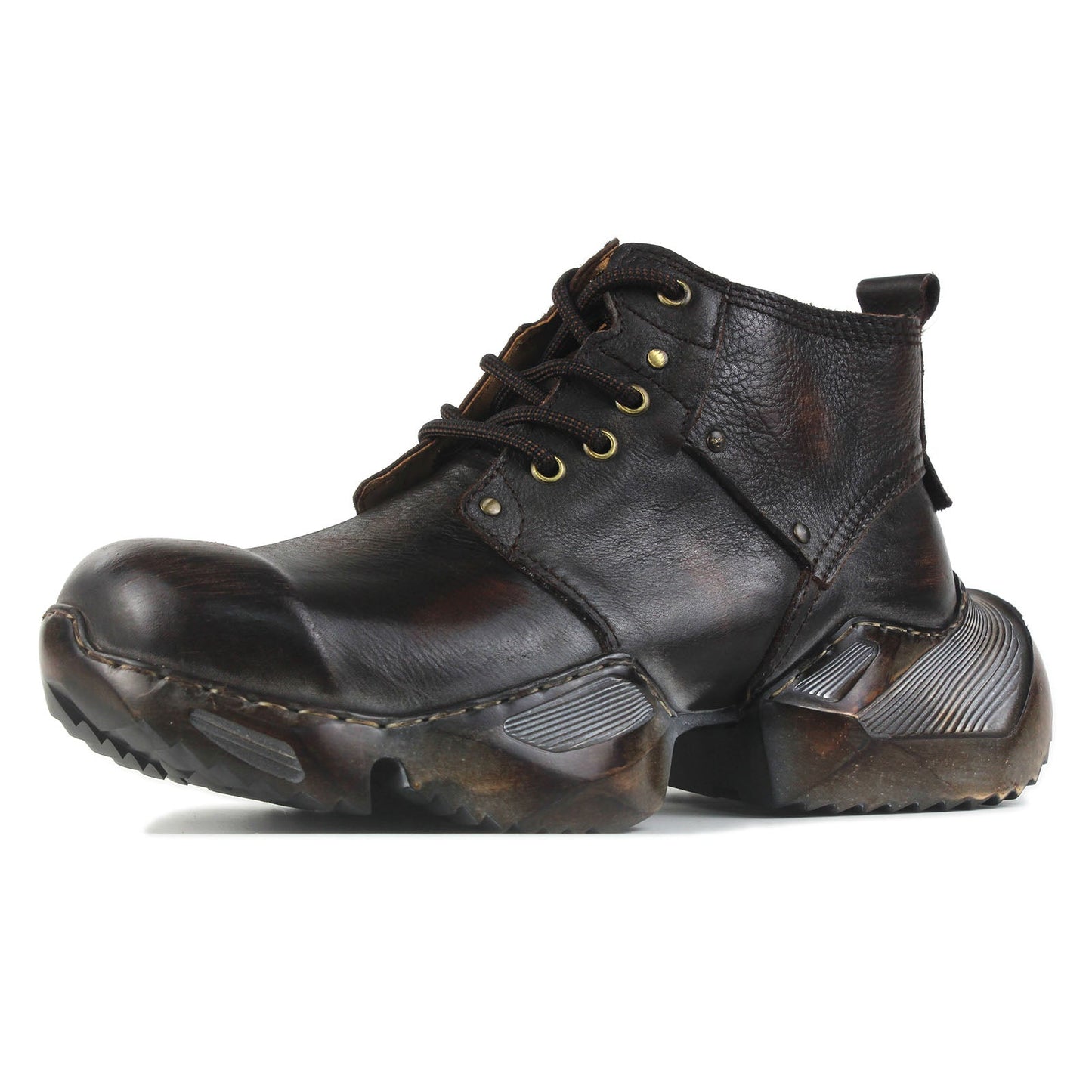 Men's Leather athletic walking Moto Boots OS-5008-S-1 Retro Darkbrown