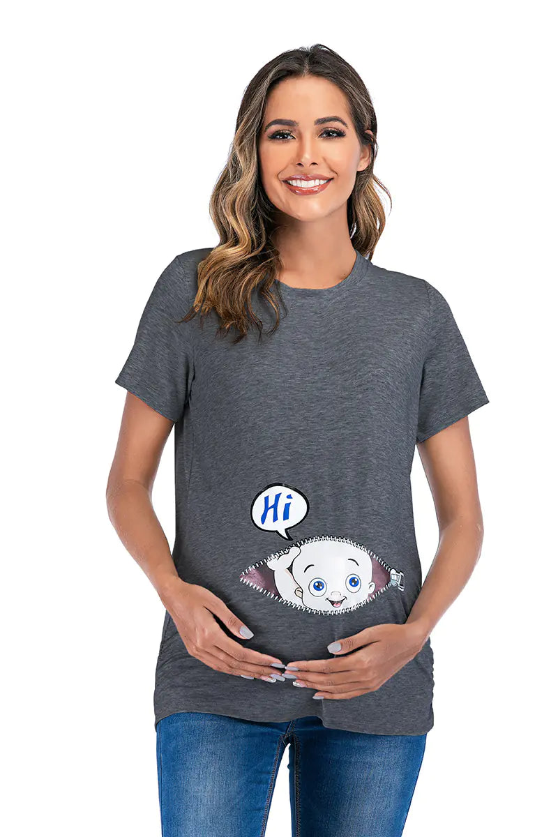 European American Maternity Round Neck Printed T-shirt - # BAGE211510113-PRG