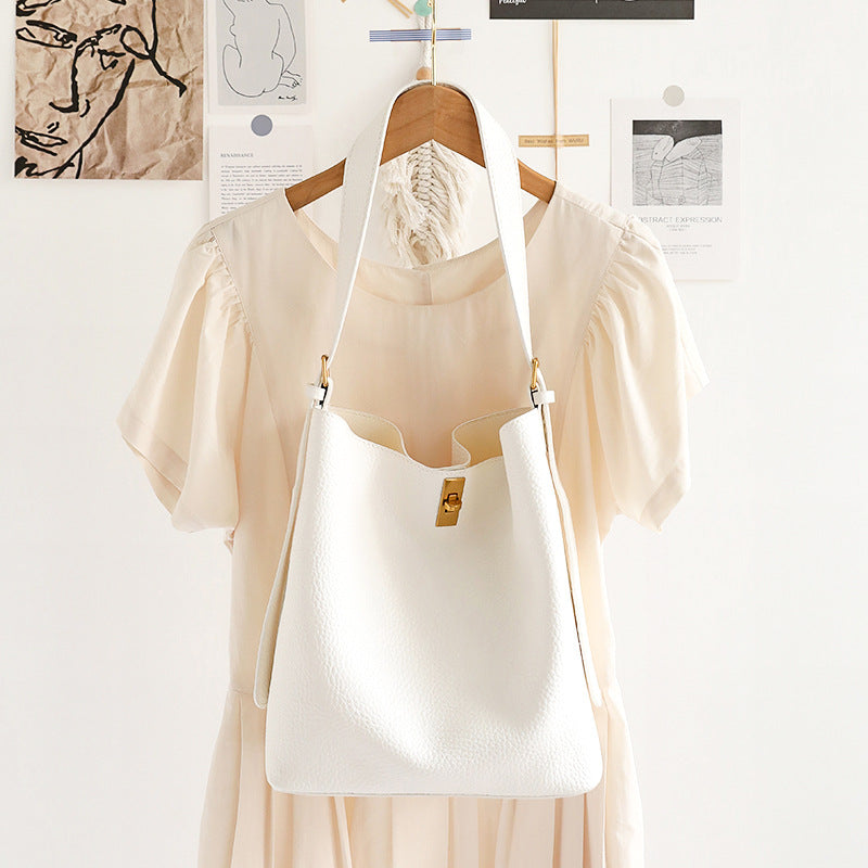 Large Capacity Versatile Bucket Bag for Female - Retro Texture Soft PU Crossbody Hobo Bag with Lock, 2 in 1 Casual Style