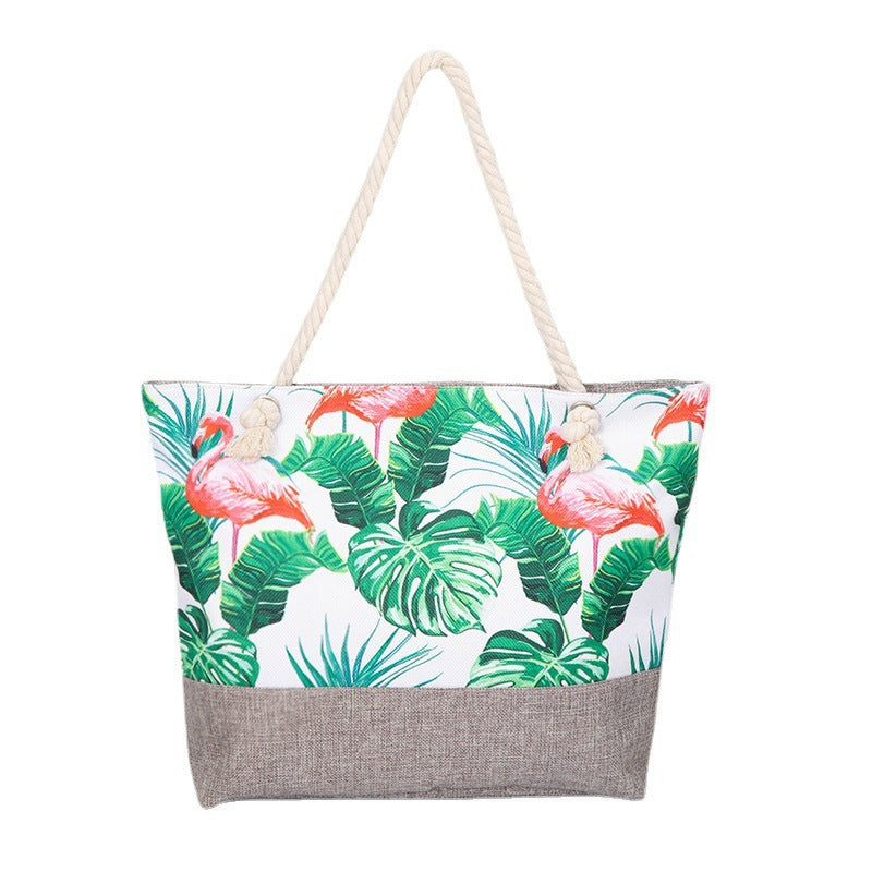 large capacity hemp rope linen ink printing shopping bag beach bag red-crowned crane shoulder seaside handbag women hobo