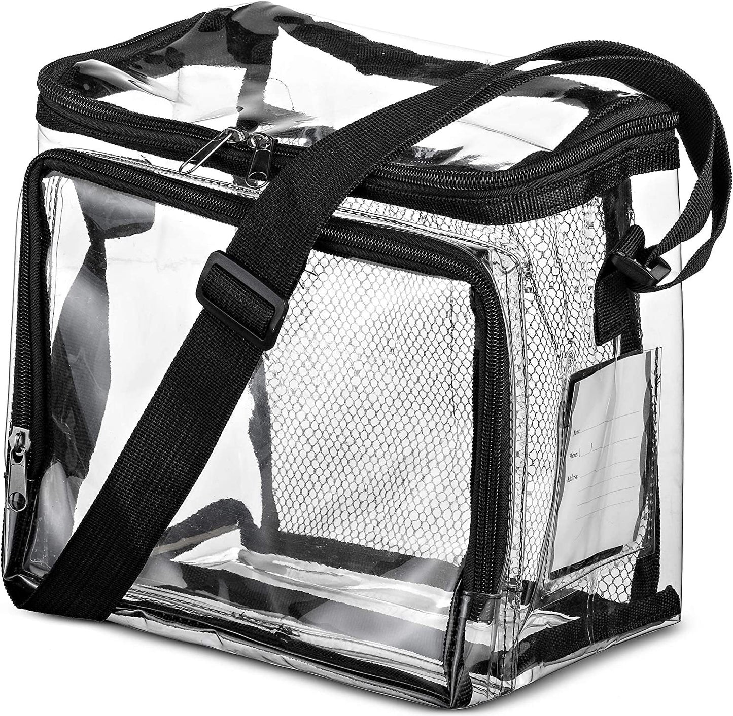 PVC clear lunch bag, adjustable strap front storage compartment mesh pocket, outdoor lunch bag with compartments