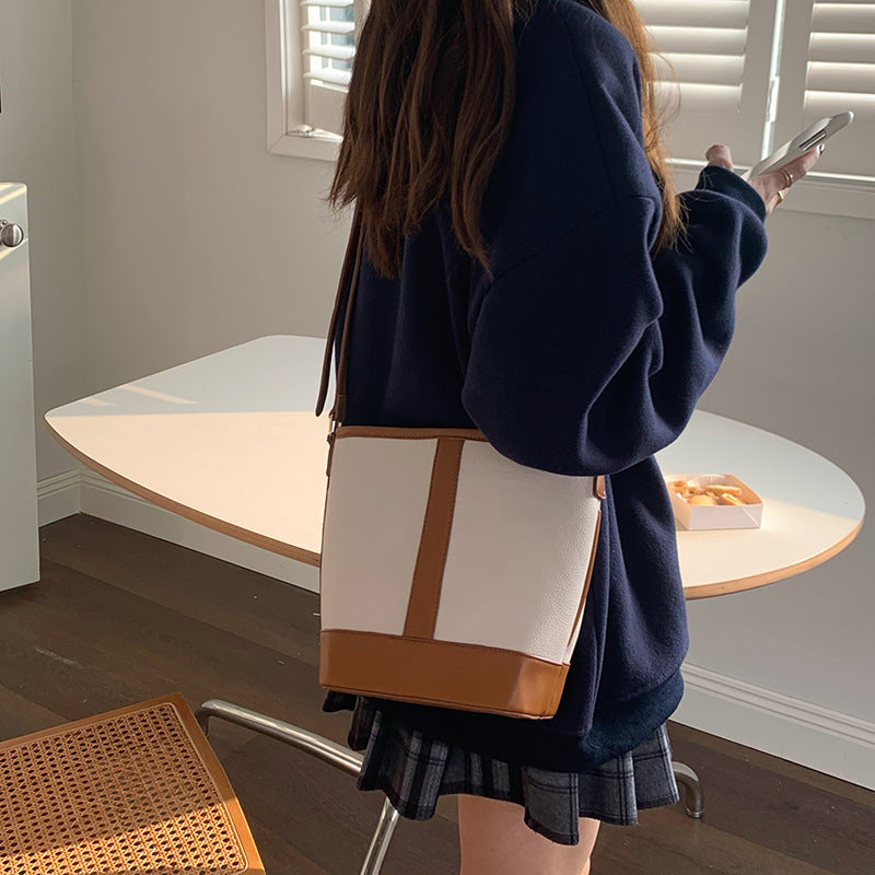 Retro Fashion Simple Texture Splicing Bucket Bag - Versatile Women's Shoulder & Crossbody Bag