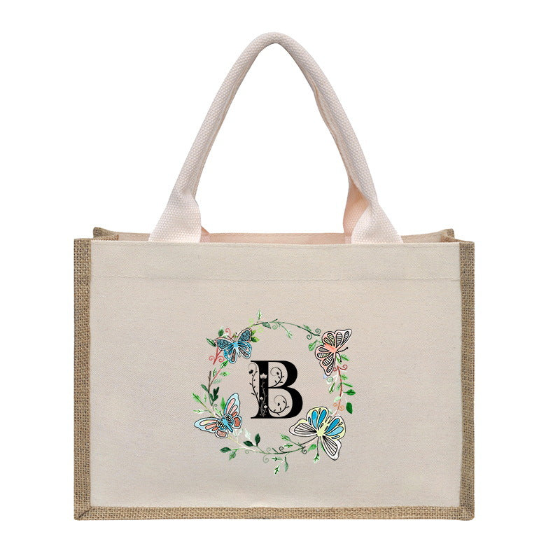 Cotton and linen canvas tote bag, printed letter tote bag, portable light handbag, gift shopping bag