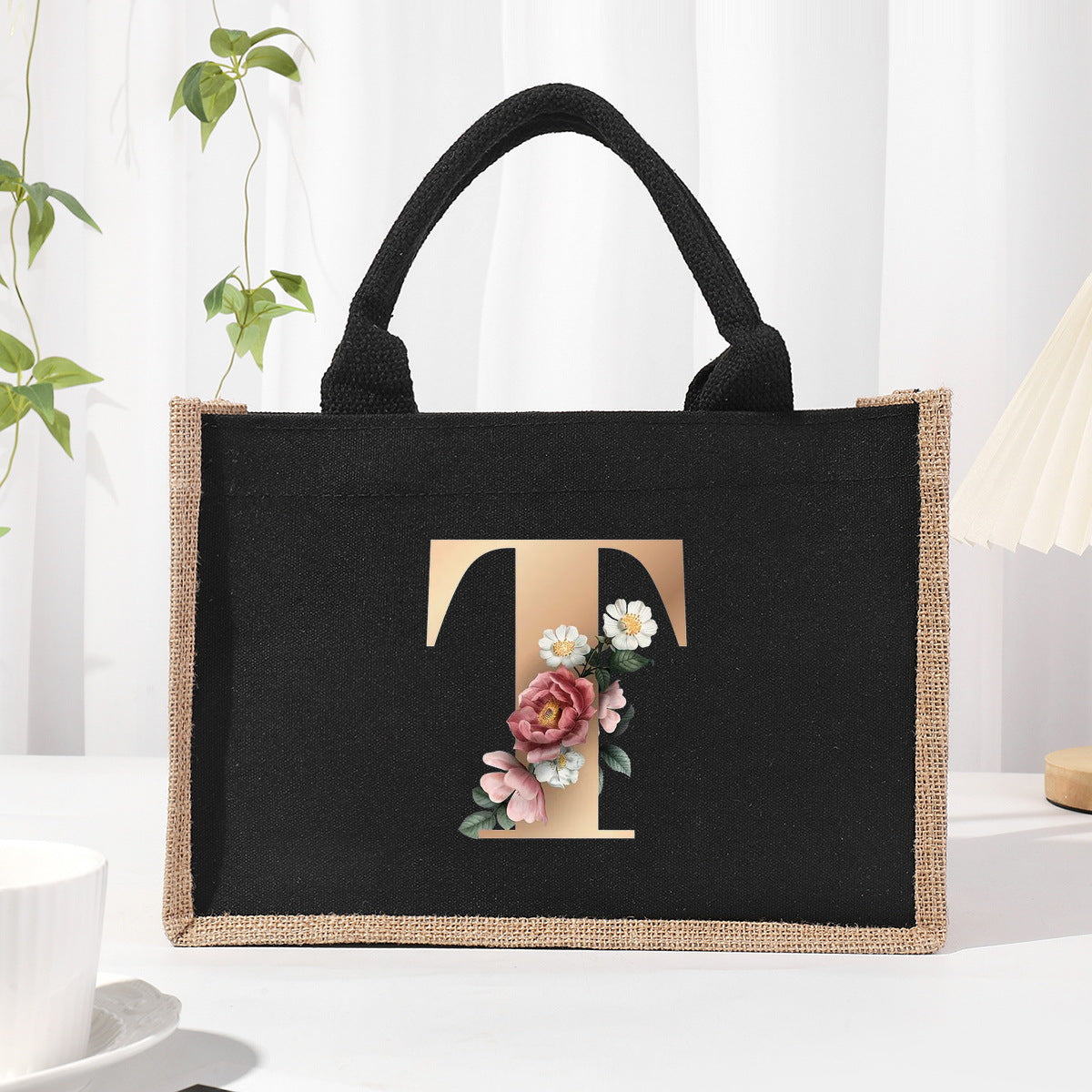 Cotton and linen canvas tote bag, printed letter tote bag, portable light handbag, gift shopping bag