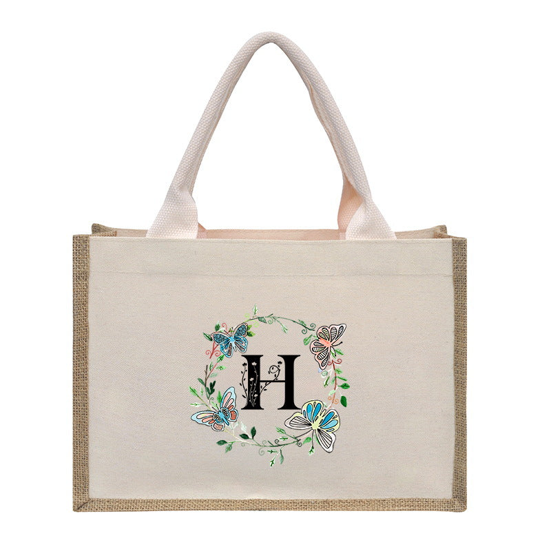 Cotton and linen canvas tote bag, printed letter tote bag, portable light handbag, gift shopping bag