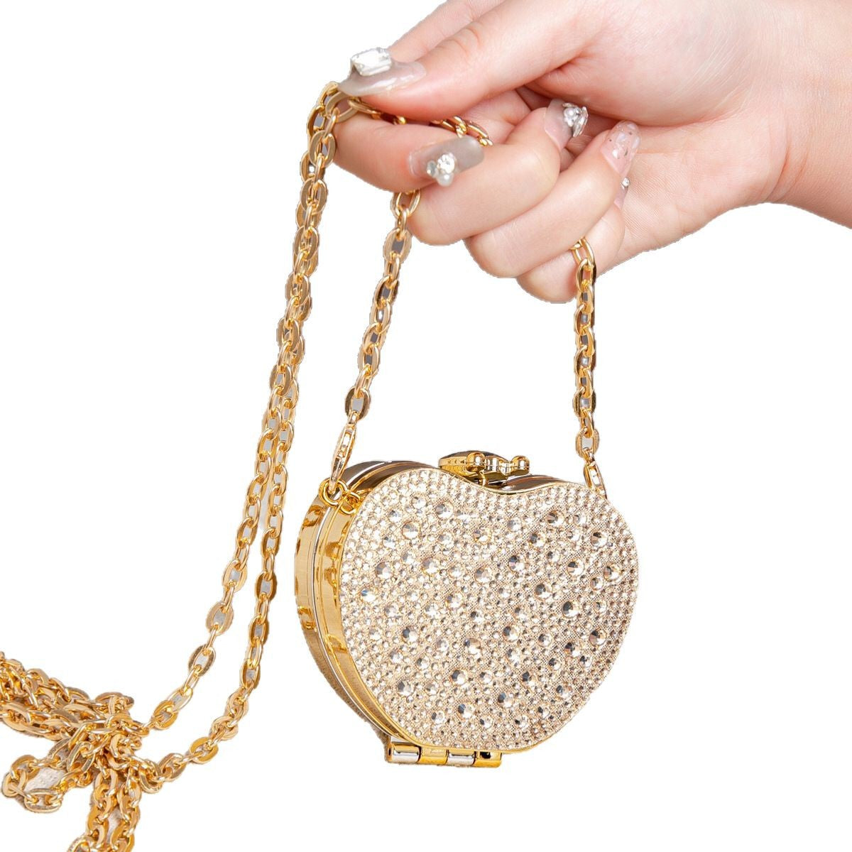 Elegant Mini Double Sided Rhinestone Purse – Heart Shaped Acrylic Mirror Bag, Trendy Mini Lipstick Purse for Prom, Party, and Wedding Events – Stylish evening Prom Bags Clutch