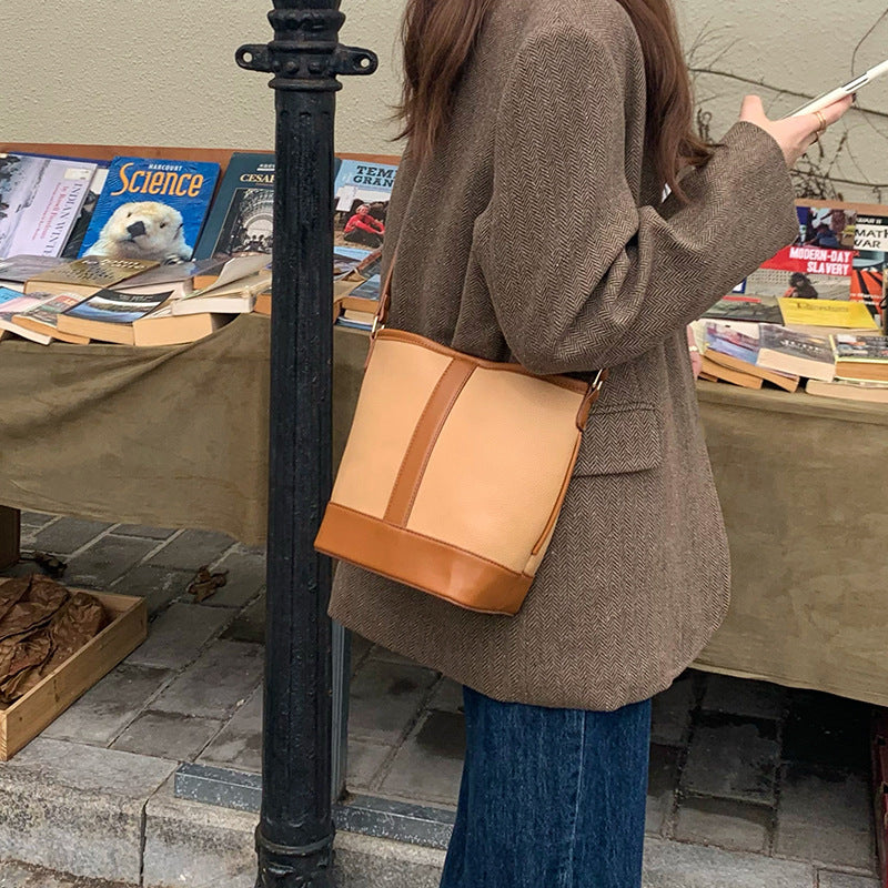 Retro Fashion Simple Texture Splicing Bucket Bag - Versatile Women's Shoulder & Crossbody Bag