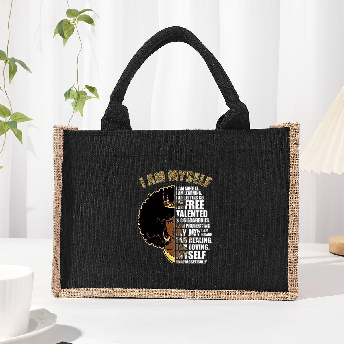 Cotton and linen canvas tote bag, printed letter tote bag, portable light handbag, gift shopping bag