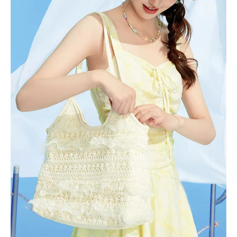 Summer woven bag casual vacation large capacity shoulder bag lace mesh underarm bag beach bag summer purse hobo