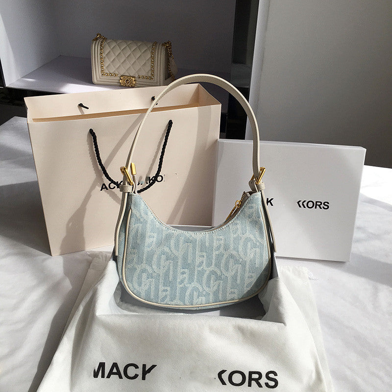 PU retro denim baguette armpit bag female, spring and summer shoulder bag, small hobo bag