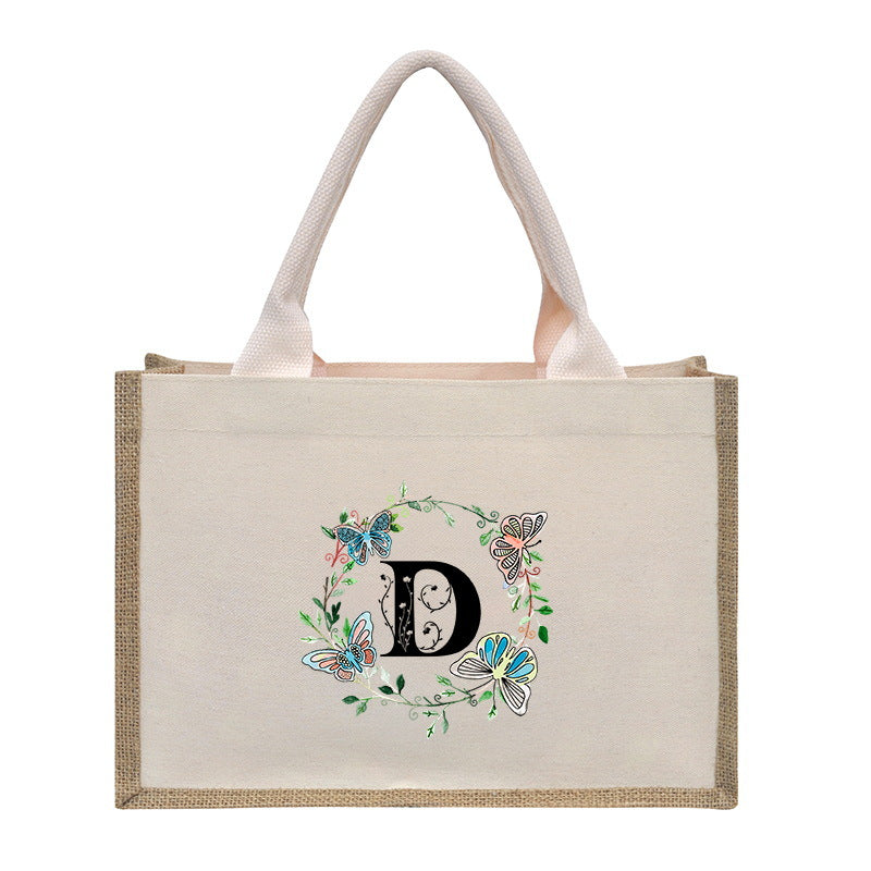 Cotton and linen canvas tote bag, printed letter tote bag, portable light handbag, gift shopping bag