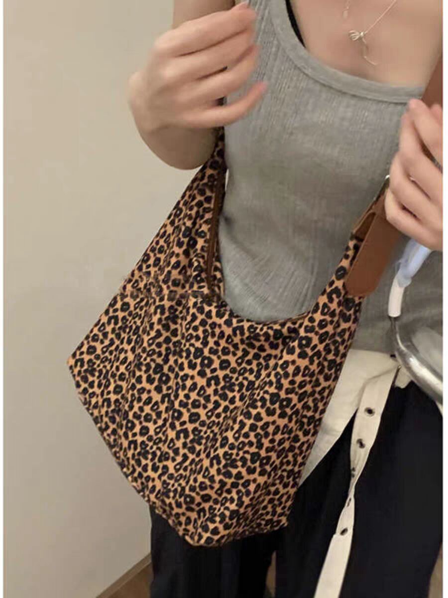 Large capacity leopard print hobo bag, tote bag women, fashion versatile shoulder bag, canvas bag leisure commuting