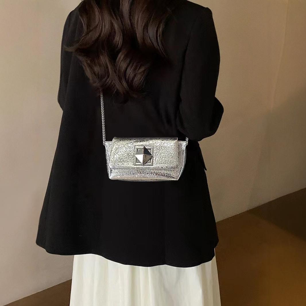 Chain exquisite small square bag, silver mini crossbody bag, crossbody bag single shoulder women
