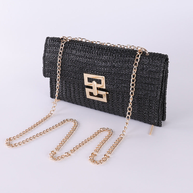 Bag ladies holiday shoulder bag, chain flip lock square purse, straw bag hobo shoulder bag women