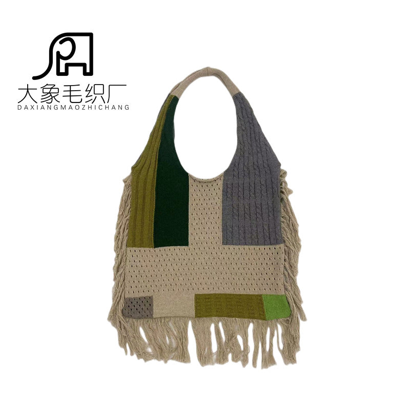 Tassel bag women, splicing knitted shoulder bag, simple and versatile retro knitted bag hobo