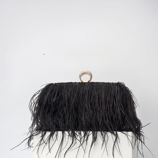Elegant Ostrich Hair Ring Box – Small Square Bag with Chain Crossbody Shoulder Velvet Evening Clutch Purse, Perfect for Dinner, Casual Outings, Party Events, and Prom Nights