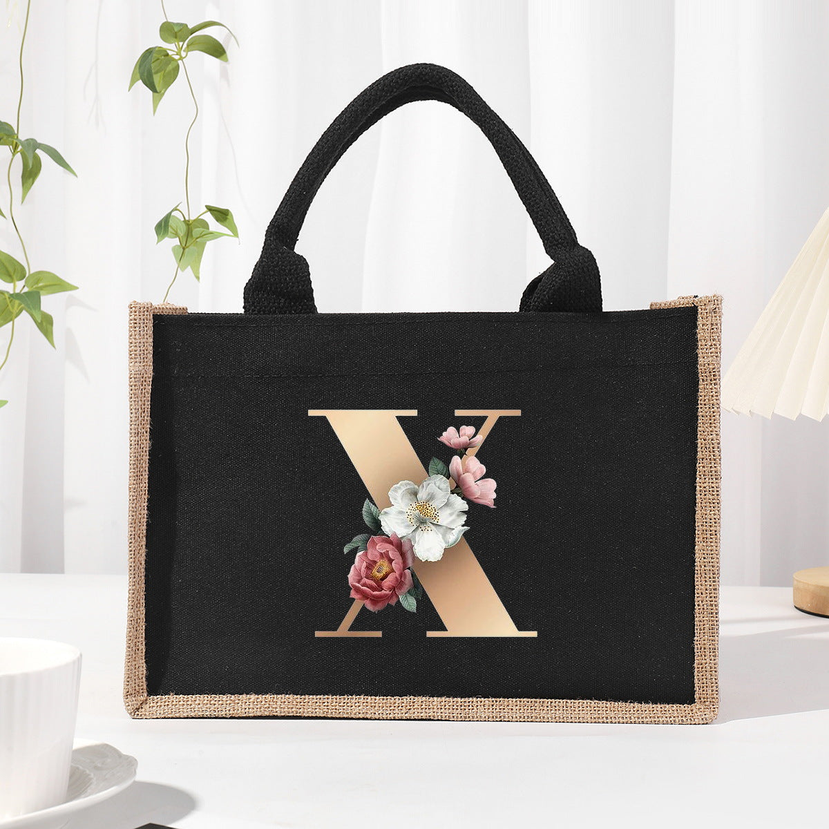 Cotton and linen canvas tote bag, printed letter tote bag, portable light handbag, gift shopping bag