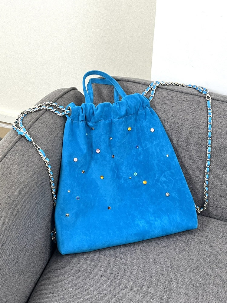 Women's bag matte suede backpack purse, splicing colored gemstone chain backpack, drawstring portable backpack