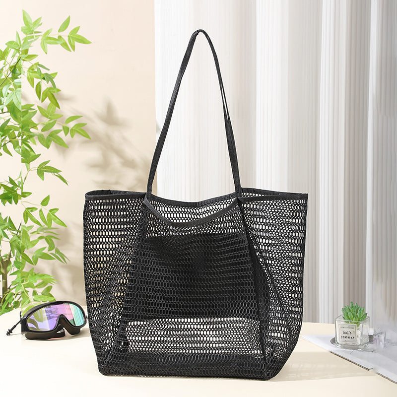 Mesh Shower Tote Bag, Portable Beach Bag, Summer Travel Large Capacity Portable Mesh Tote Bag, Foldable Wash and Makeup bag large