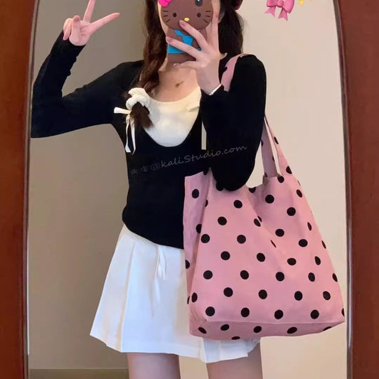 Spring cute polka dot hobo bag, versatile student large capacity shouder tote, design canvas hobo bag